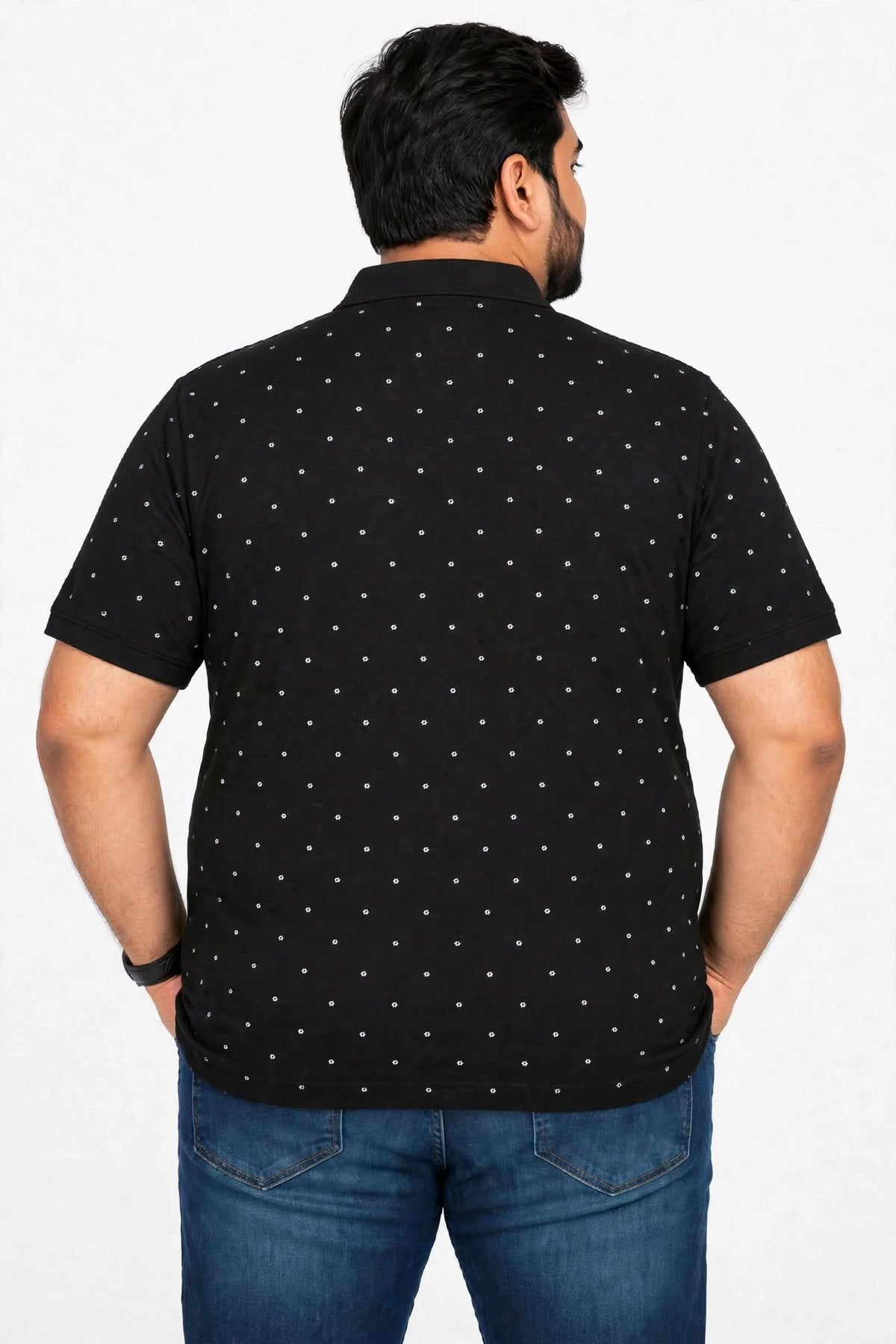 Men’s Black Printed Knitted Cotton Polo T-Shirt