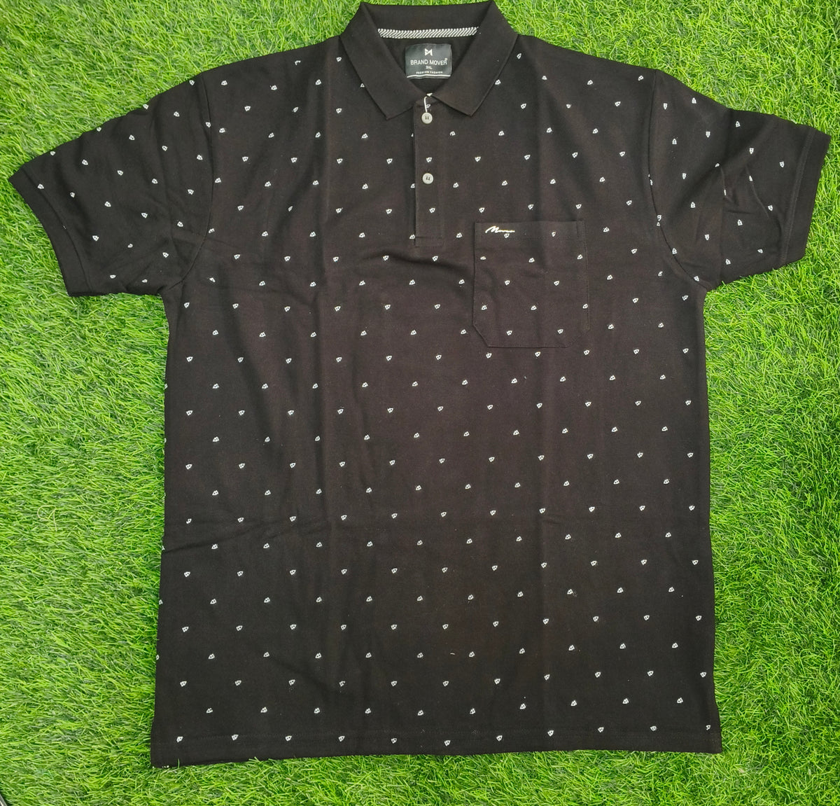Men’s Black Printed Knitted Cotton Polo T-Shirt