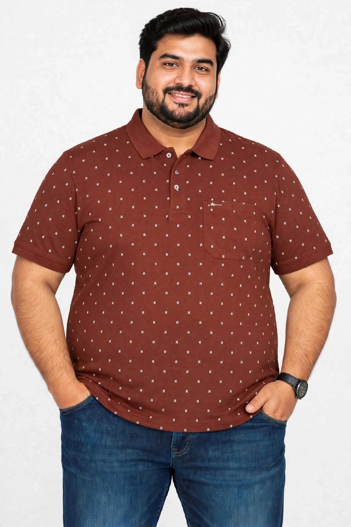 Men’s Maroon Printed Knitted Cotton Polo T-Shirt
