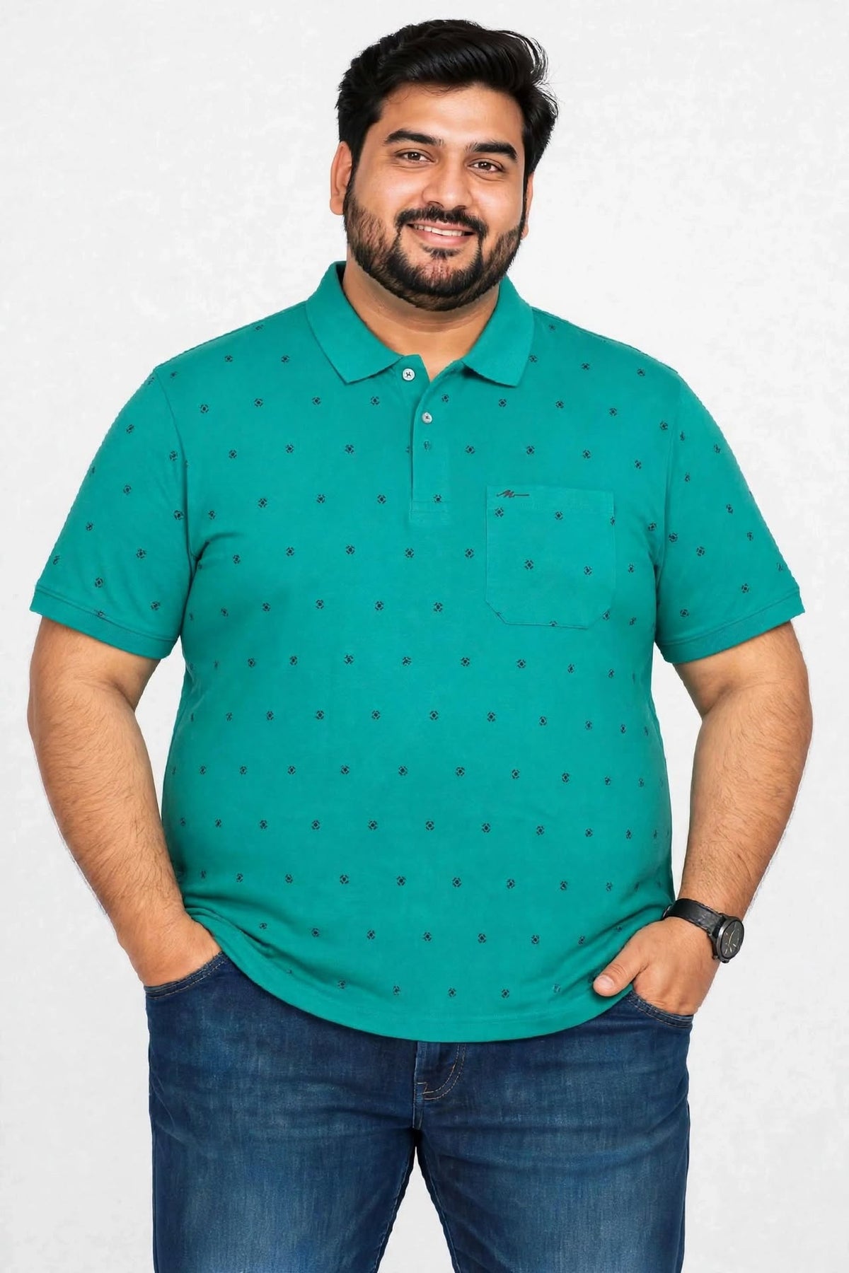 Men’s Teal Green Printed Knitted Cotton Polo T-Shirt