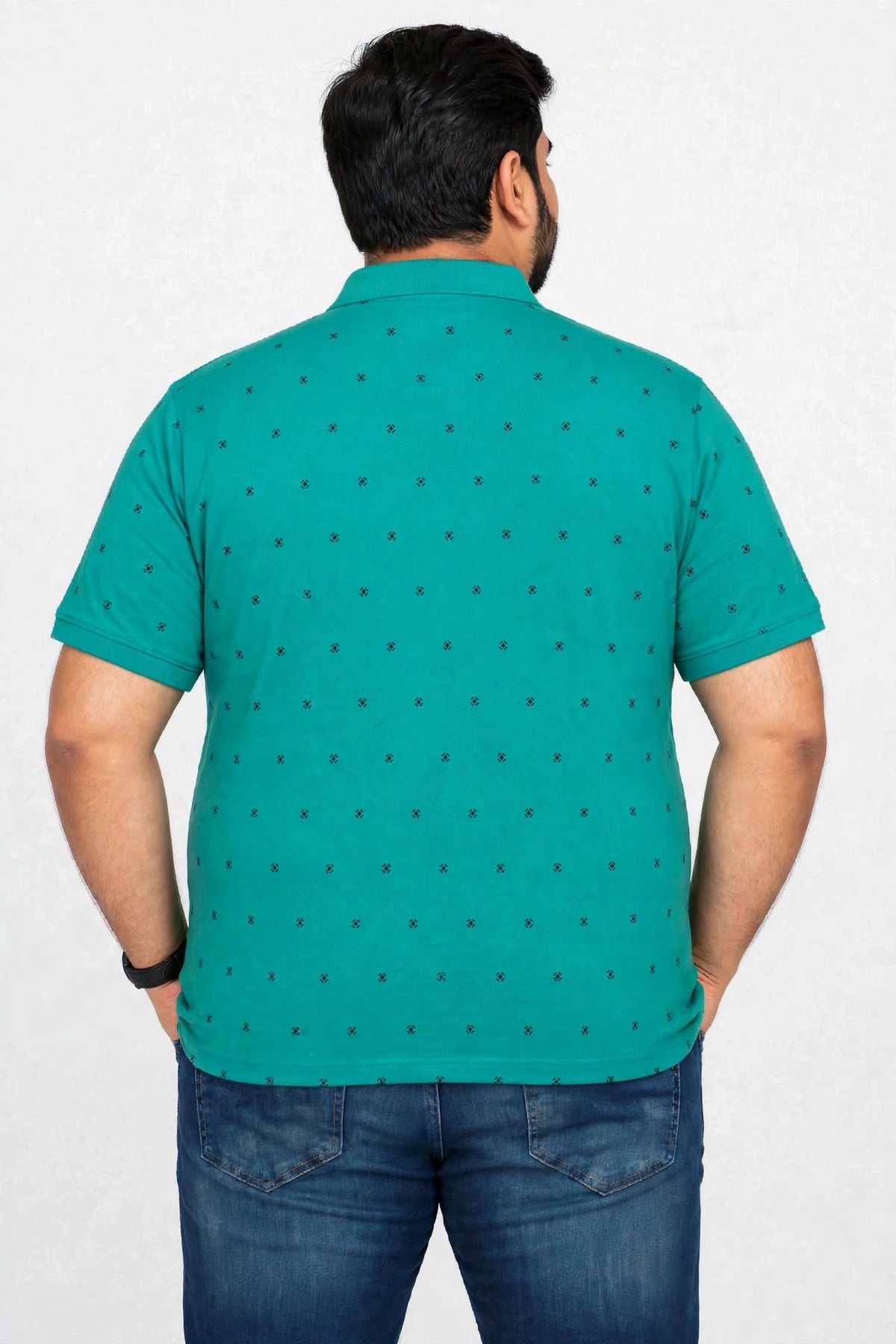 Men’s Teal Green Printed Knitted Cotton Polo T-Shirt