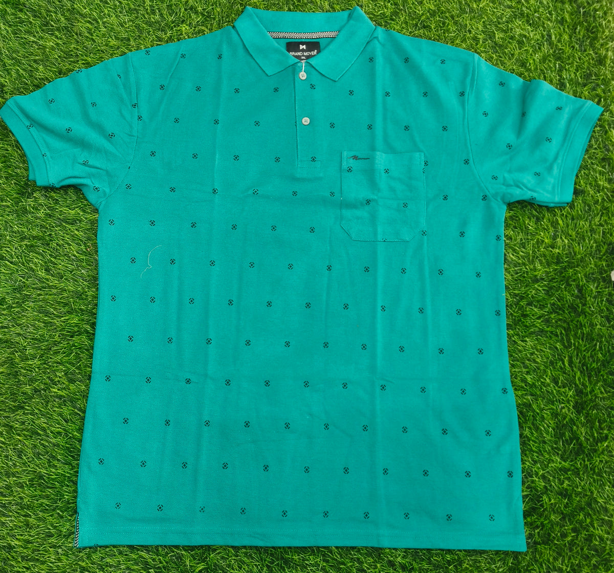 Men’s Teal Green Printed Knitted Cotton Polo T-Shirt