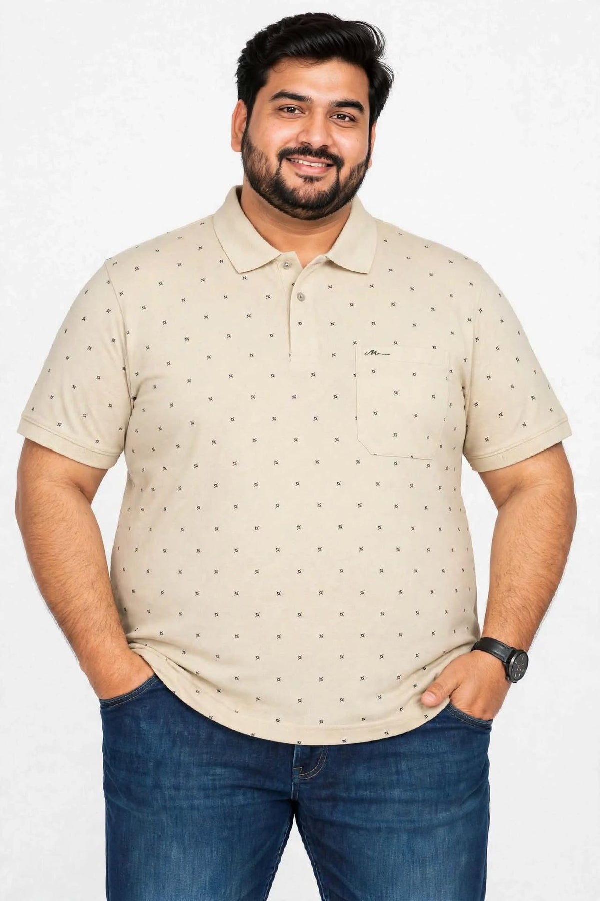 Men’s Beige Printed Knitted Cotton Polo T-Shirt