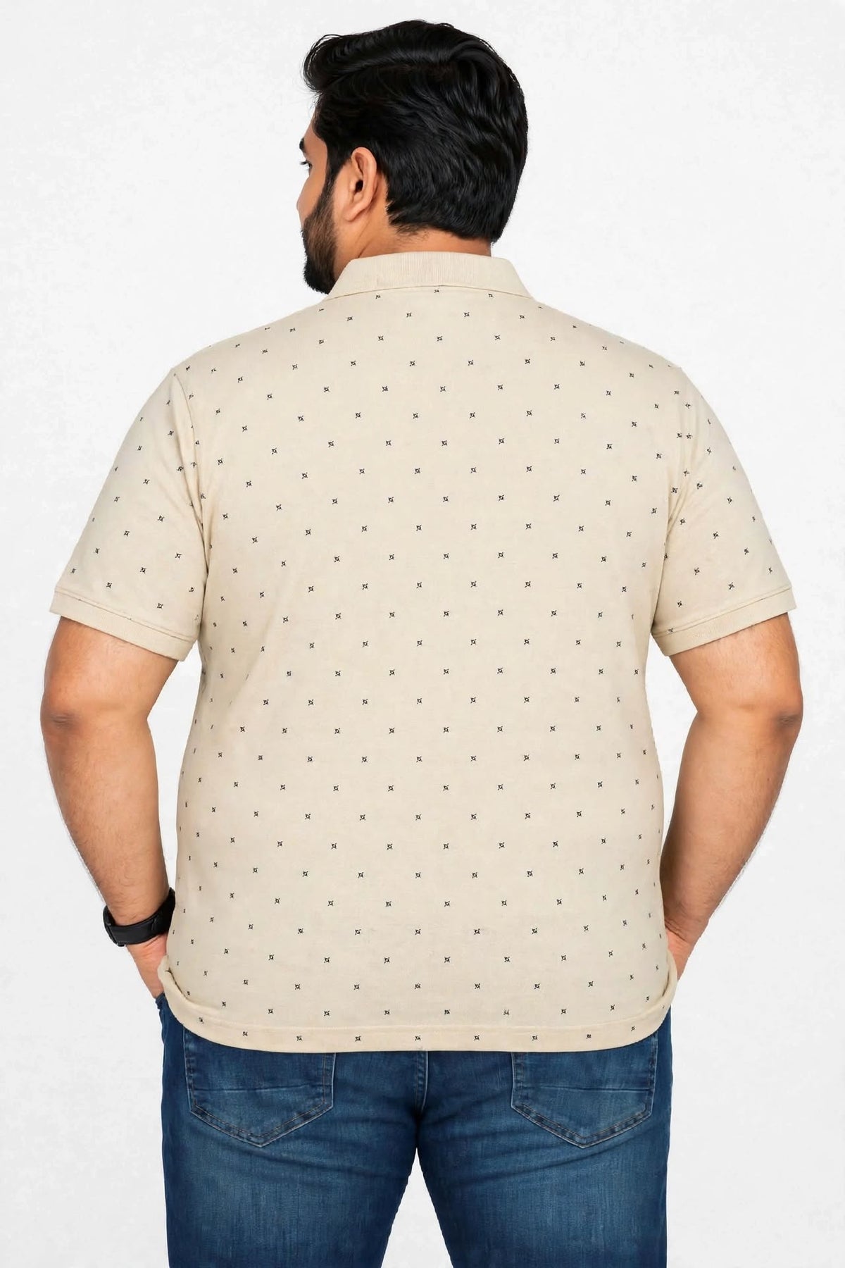 Men’s Beige Printed Knitted Cotton Polo T-Shirt