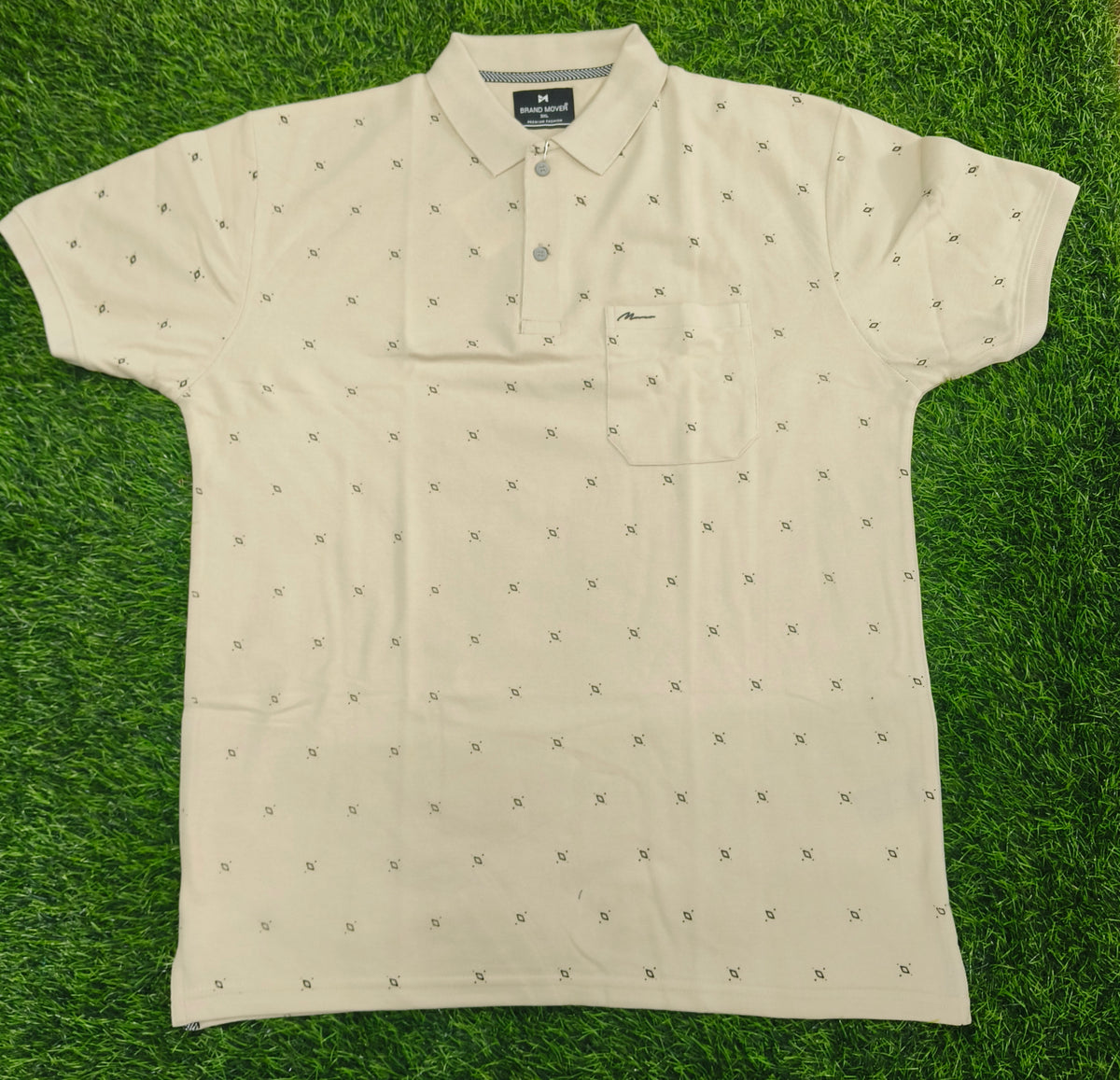 Men’s Beige Printed Knitted Cotton Polo T-Shirt