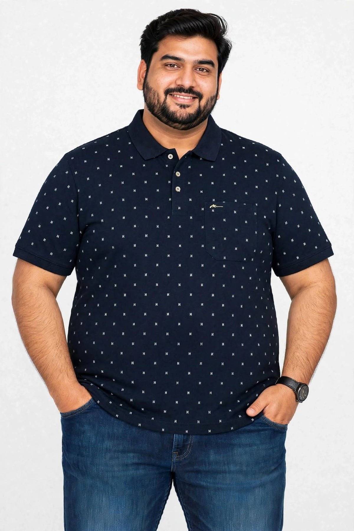Men’s Navy Blue Printed Knitted Cotton Polo T-Shirt