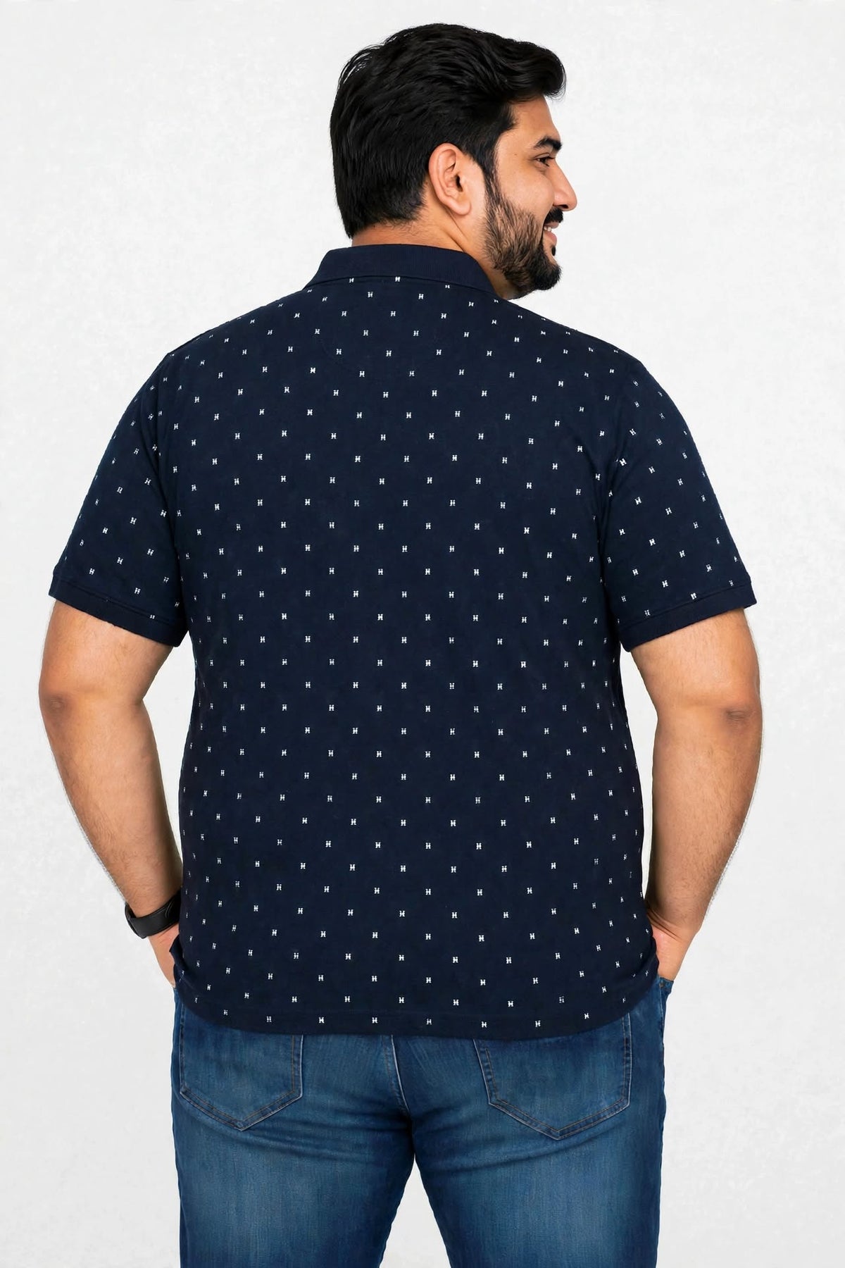 Men’s Navy Blue Printed Knitted Cotton Polo T-Shirt