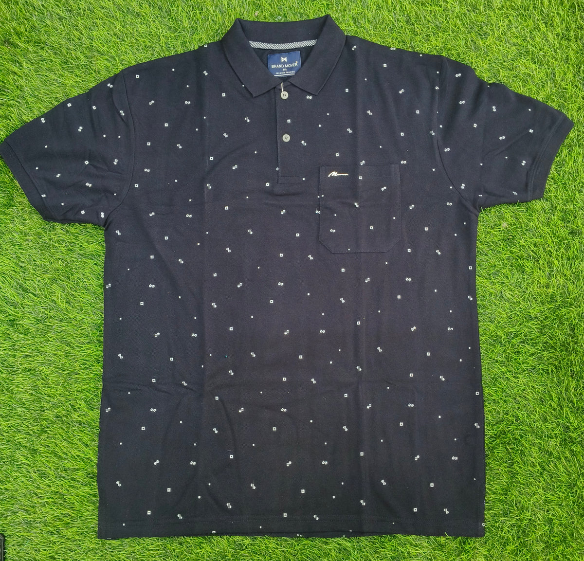 Men’s Navy Blue Printed Knitted Cotton Polo T-Shirt