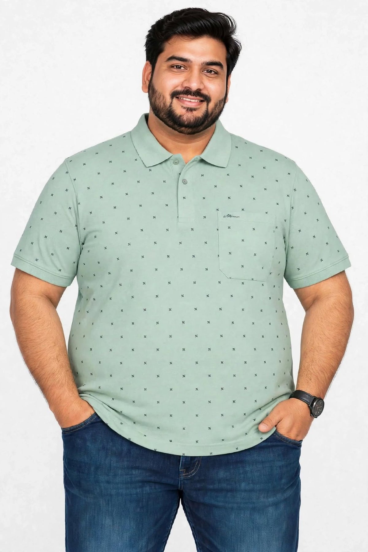 Men’s Light Sage Green Printed Knitted Cotton Polo T-Shirt