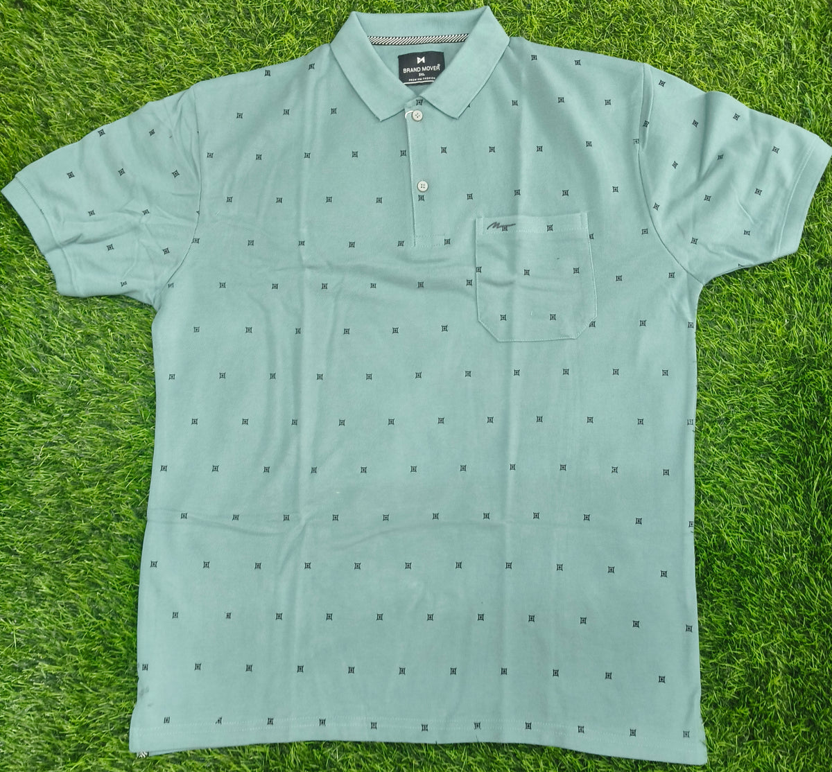 Men’s Light Sage Green Printed Knitted Cotton Polo T-Shirt
