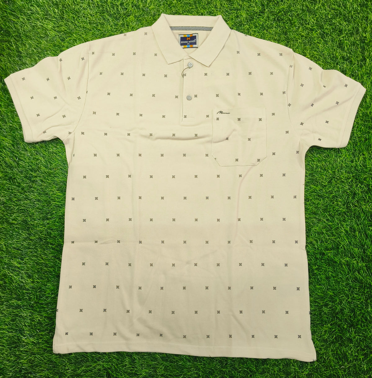 Men's Beige color Printed Knitted Cotton Polo T-Shirt