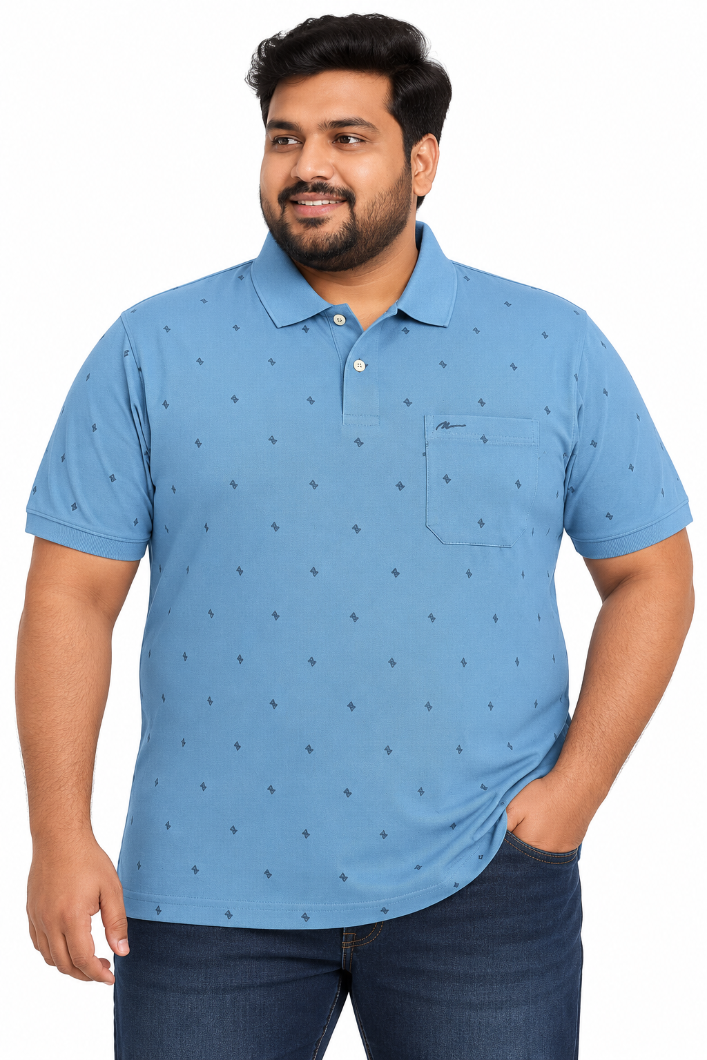 Men's Dusty Blue Printed Knitted Cotton Polo T-Shirt