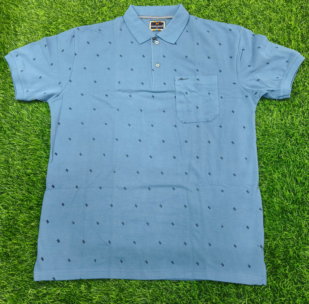 Men's Dusty Blue Printed Knitted Cotton Polo T-Shirt