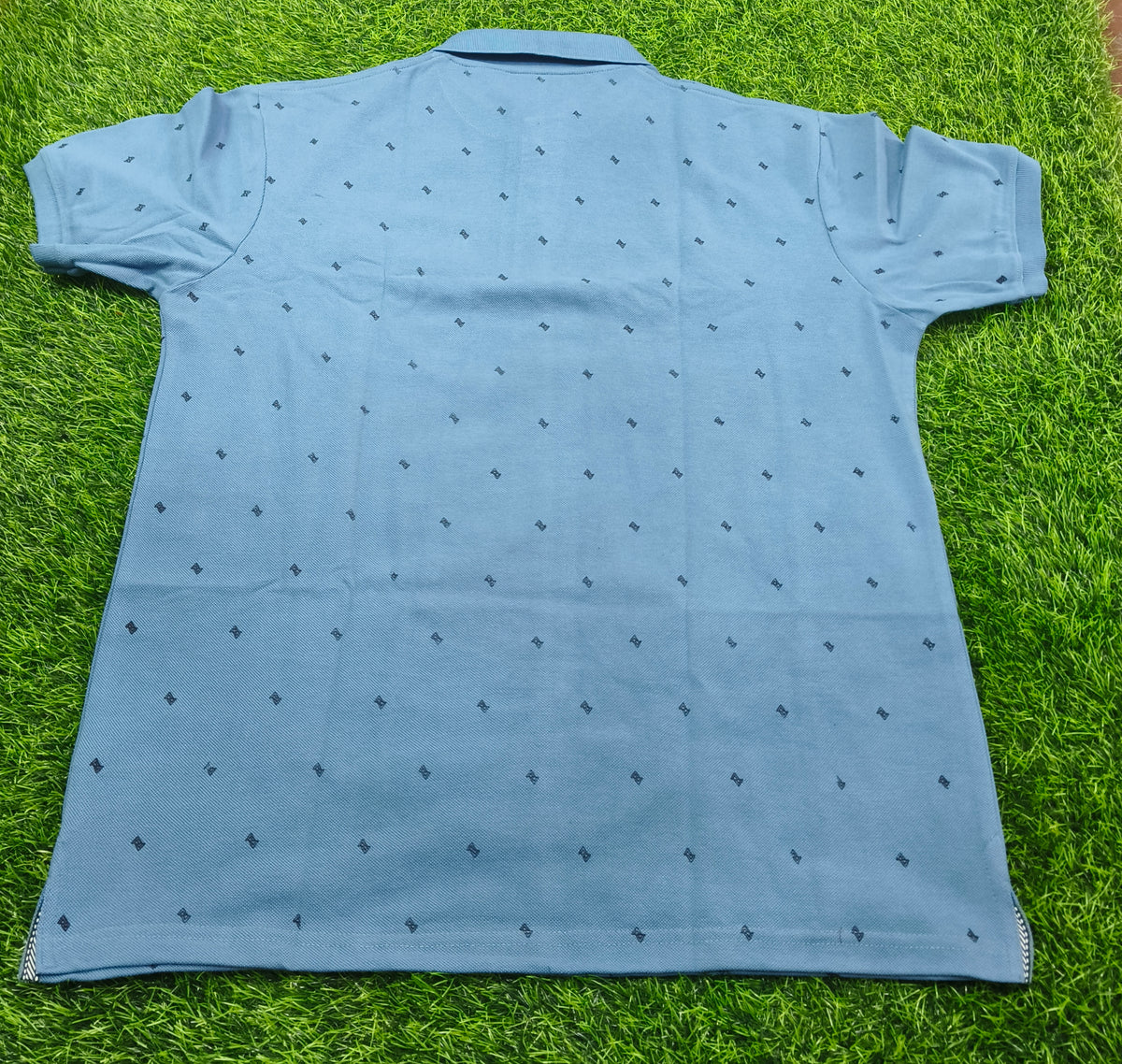 Men's Dusty Blue Printed Knitted Cotton Polo T-Shirt