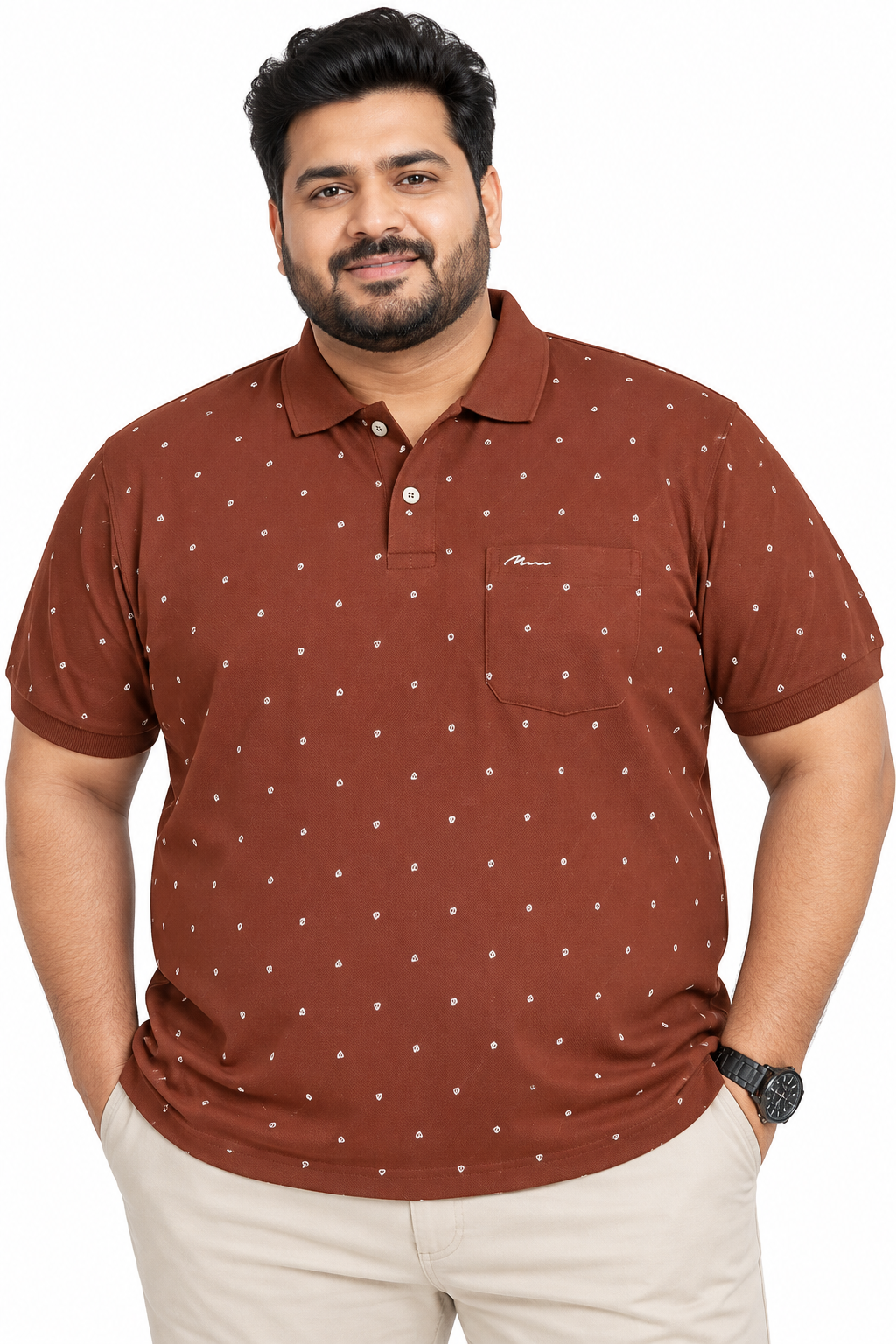 Men's Maroon Printed Knitted Cotton Polo T-Shirt with