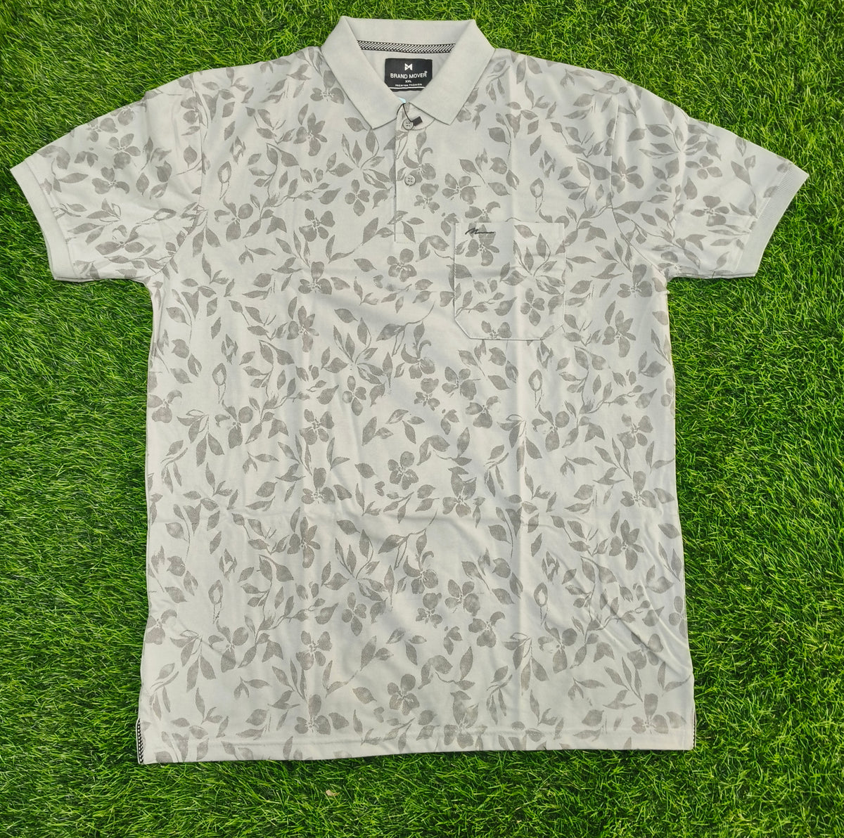 Men’s Grey Floral Print Side Slit Polo T-Shirt