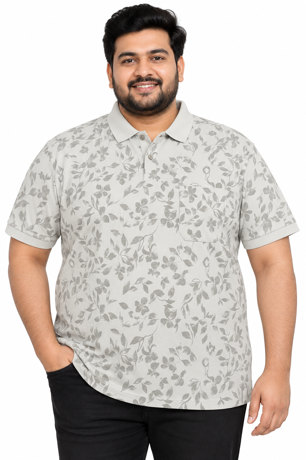 Men’s Grey Floral Print Side Slit Polo T-Shirt