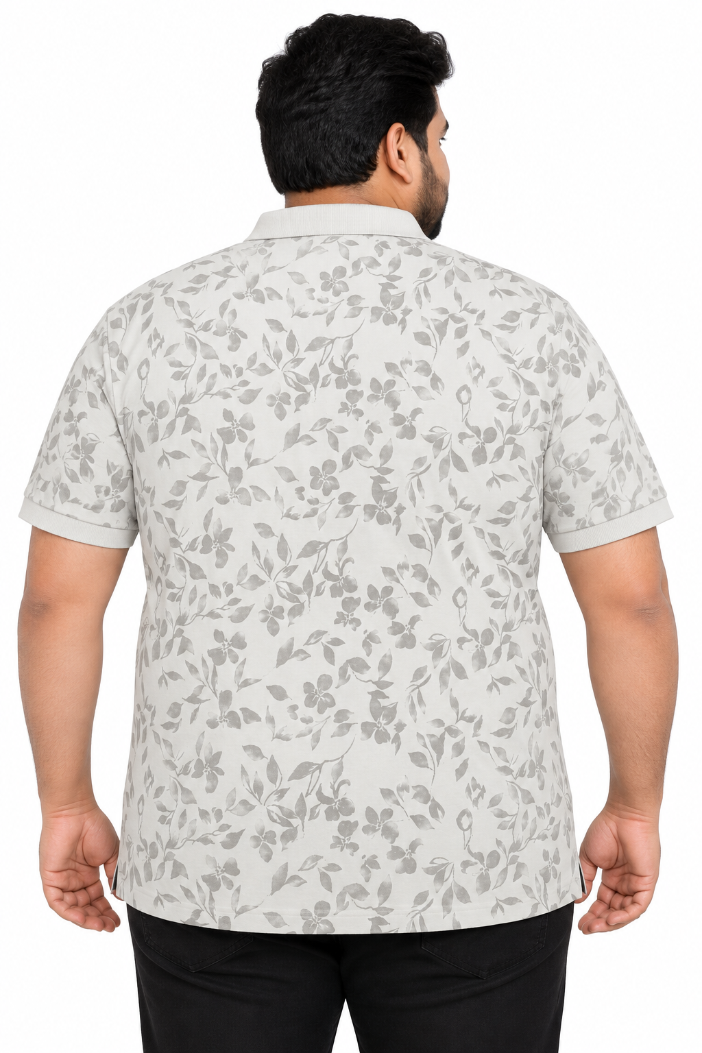 Men’s Grey Floral Print Side Slit Polo T-Shirt