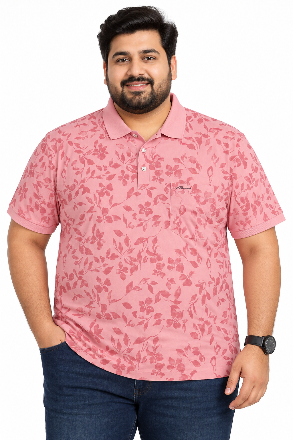 Men’s Dusty Rose Floral Print Side Slit Polo T-Shirt