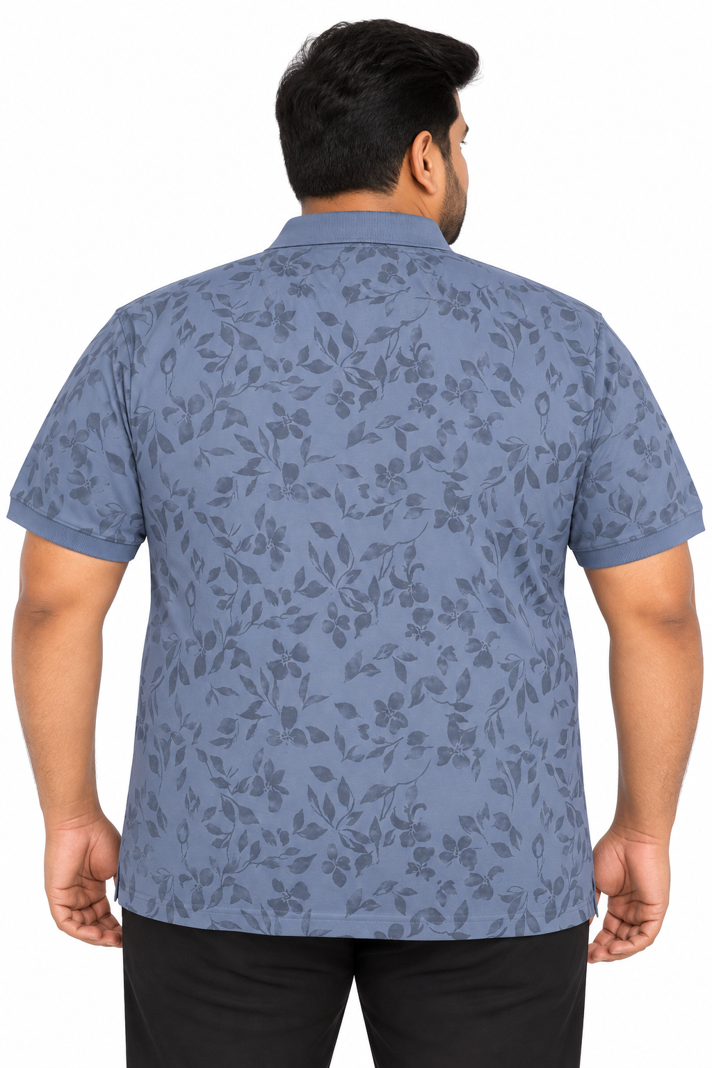 Men’s Slate Blue Floral Print Side Slit Polo T-Shirt