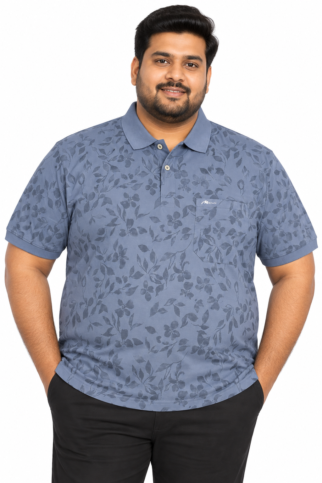 Men’s Slate Blue Floral Print Side Slit Polo T-Shirt