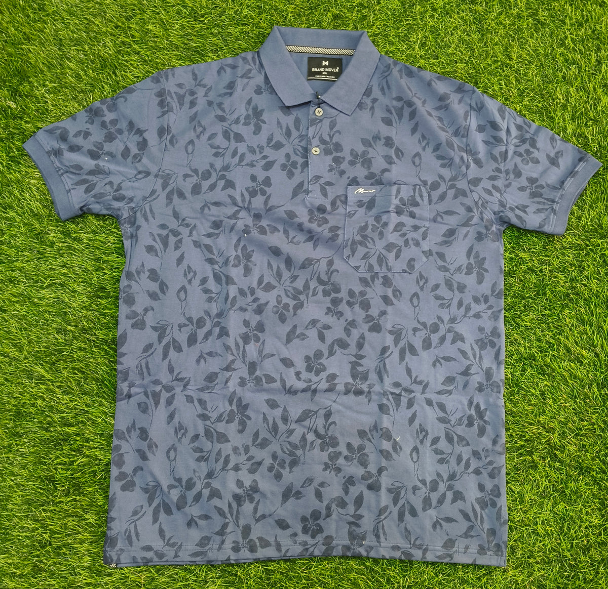 Men’s Slate Blue Floral Print Side Slit Polo T-Shirt