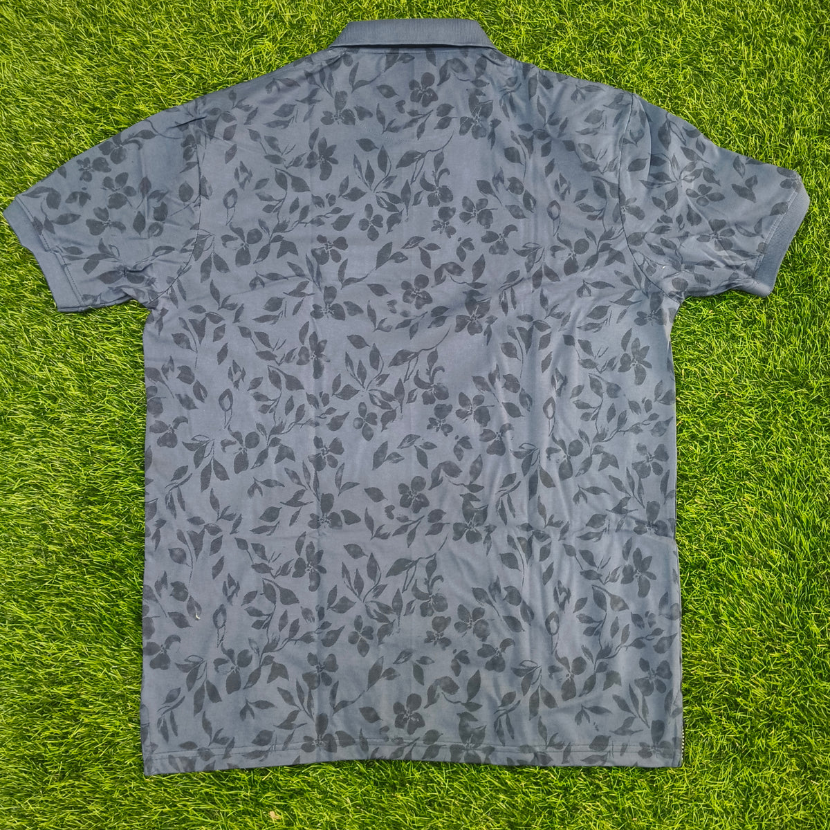 Men’s Slate Blue Floral Print Side Slit Polo T-Shirt