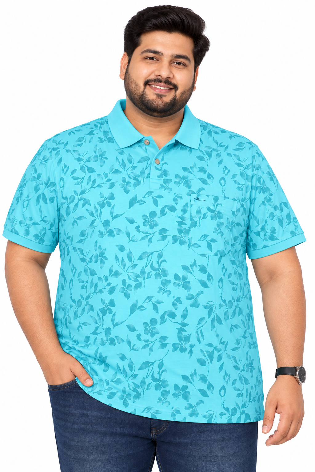 Men’s Aqua Blue Floral Print Side Slit Polo T-Shirt