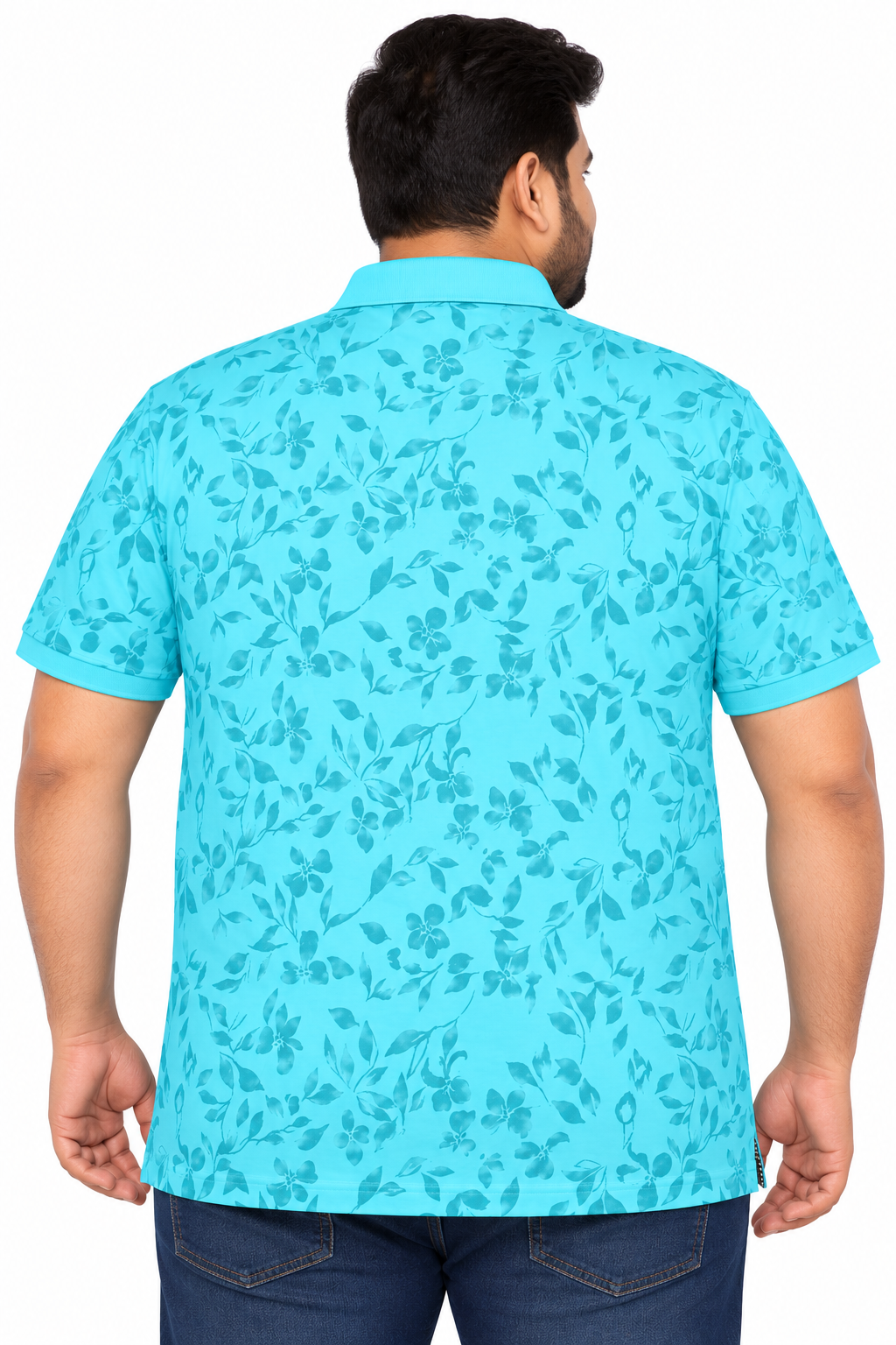 Men’s Aqua Blue Floral Print Side Slit Polo T-Shirt