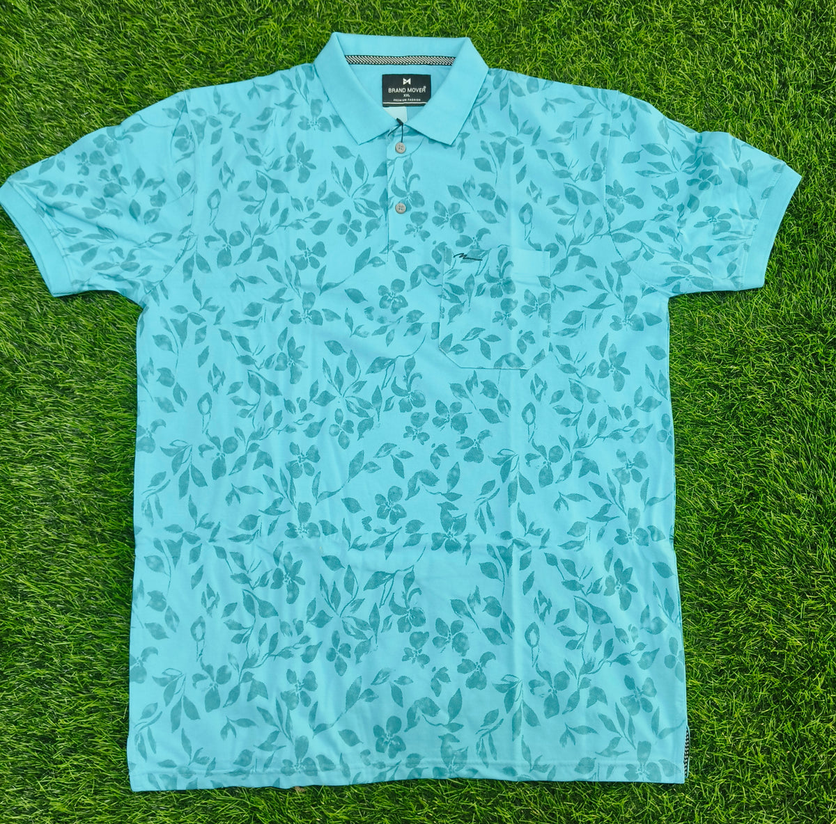 Men’s Aqua Blue Floral Print Side Slit Polo T-Shirt