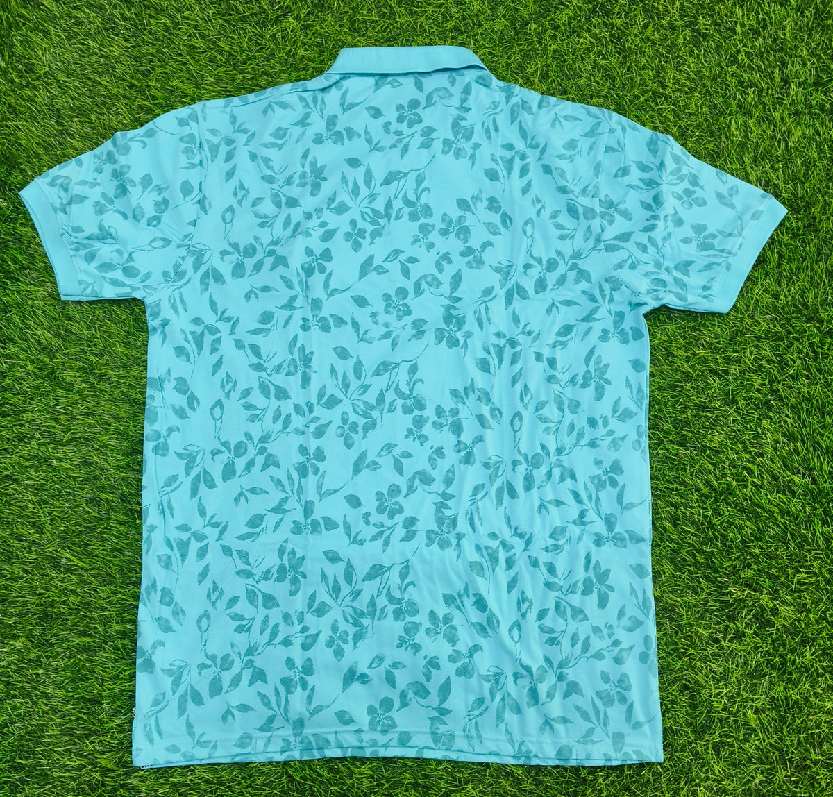 Men’s Aqua Blue Floral Print Side Slit Polo T-Shirt