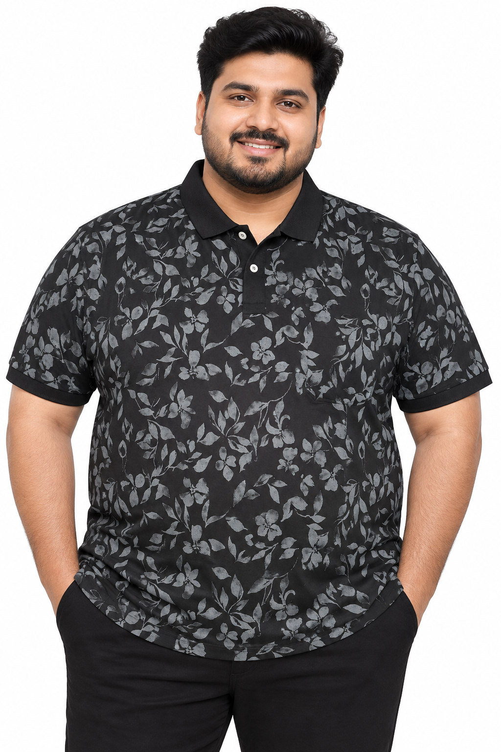 Men’s Black Floral Print Side Slit Polo T-Shirt