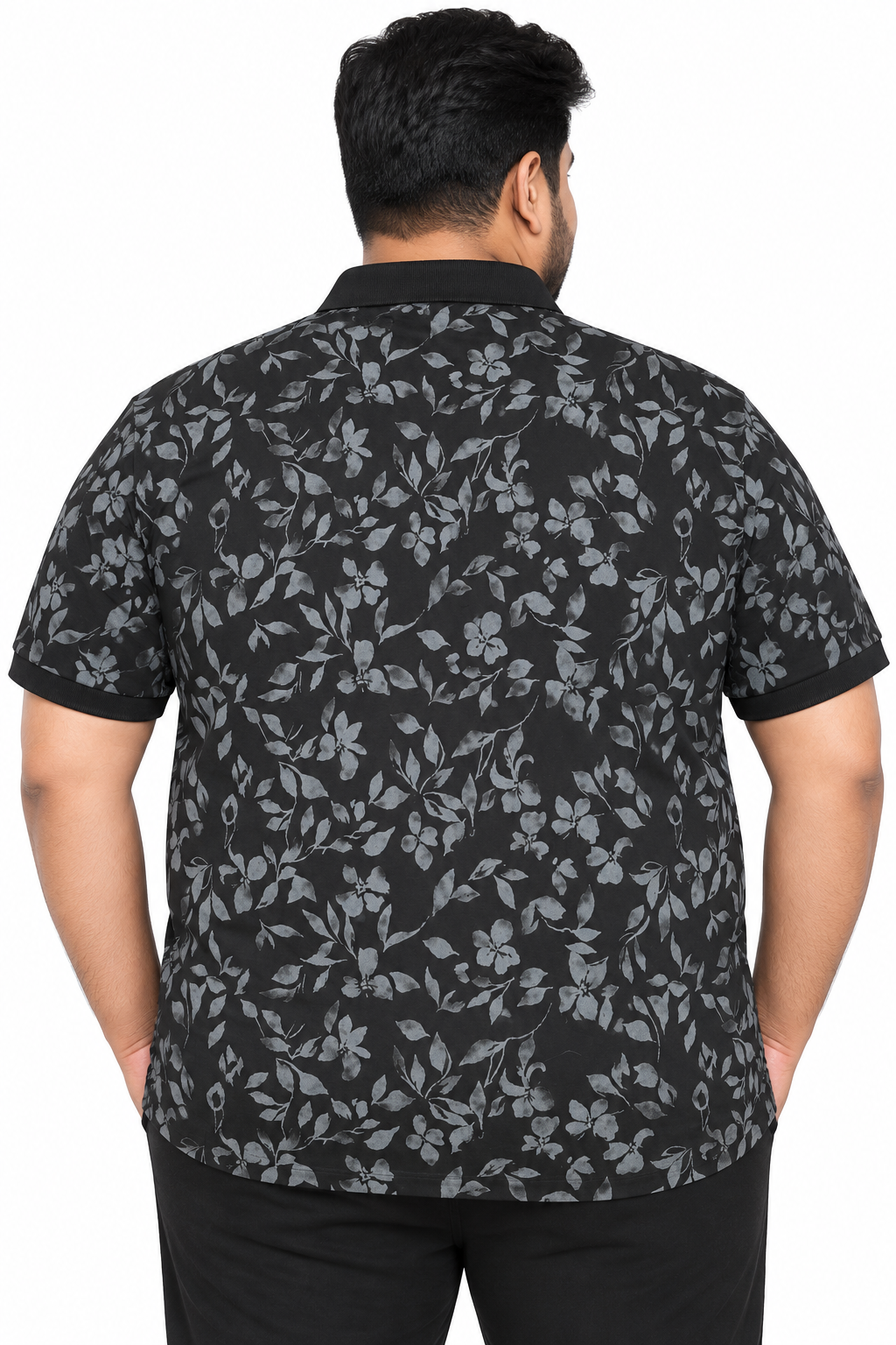 Men’s Black Floral Print Side Slit Polo T-Shirt