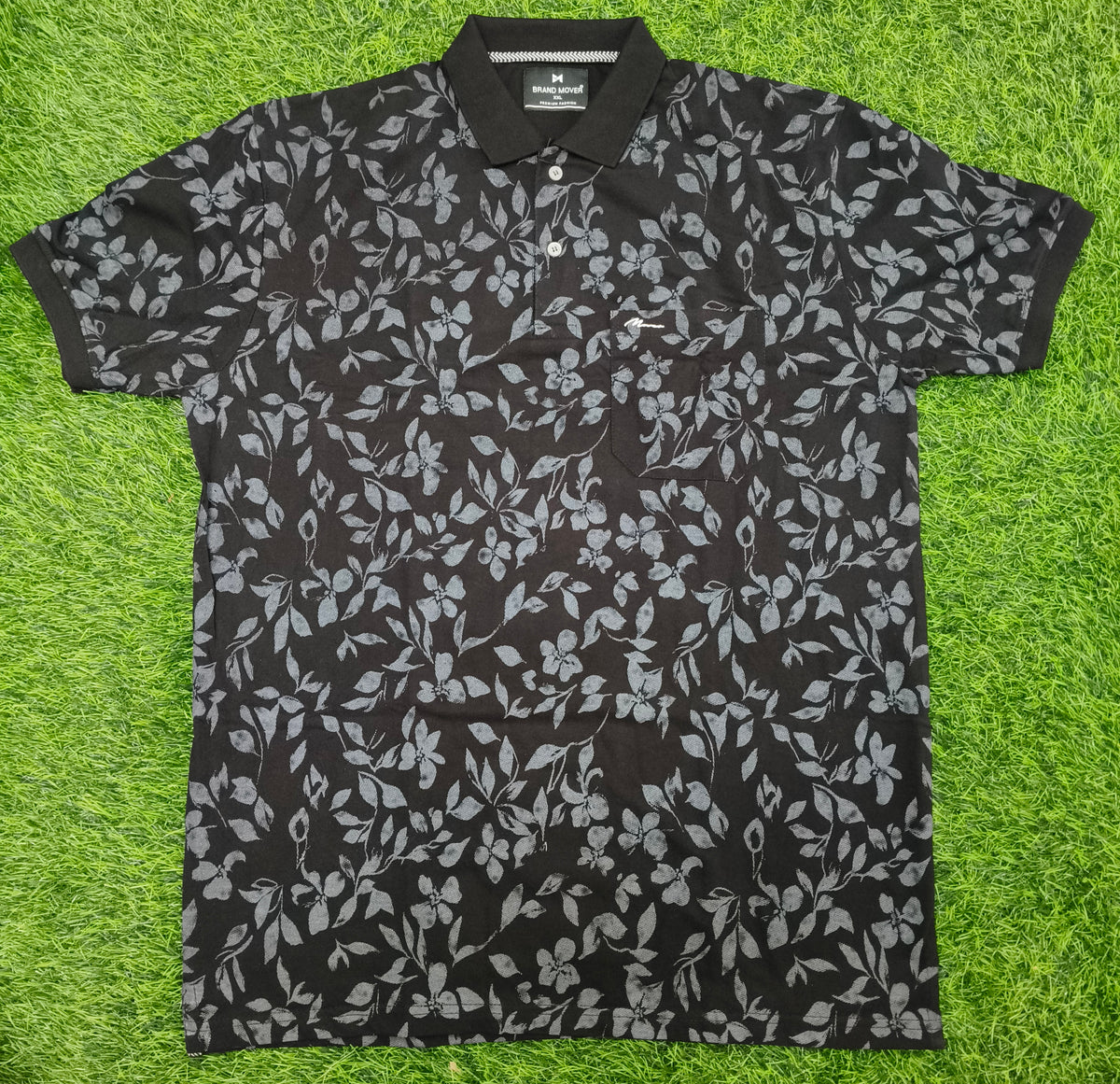 Men’s Black Floral Print Side Slit Polo T-Shirt