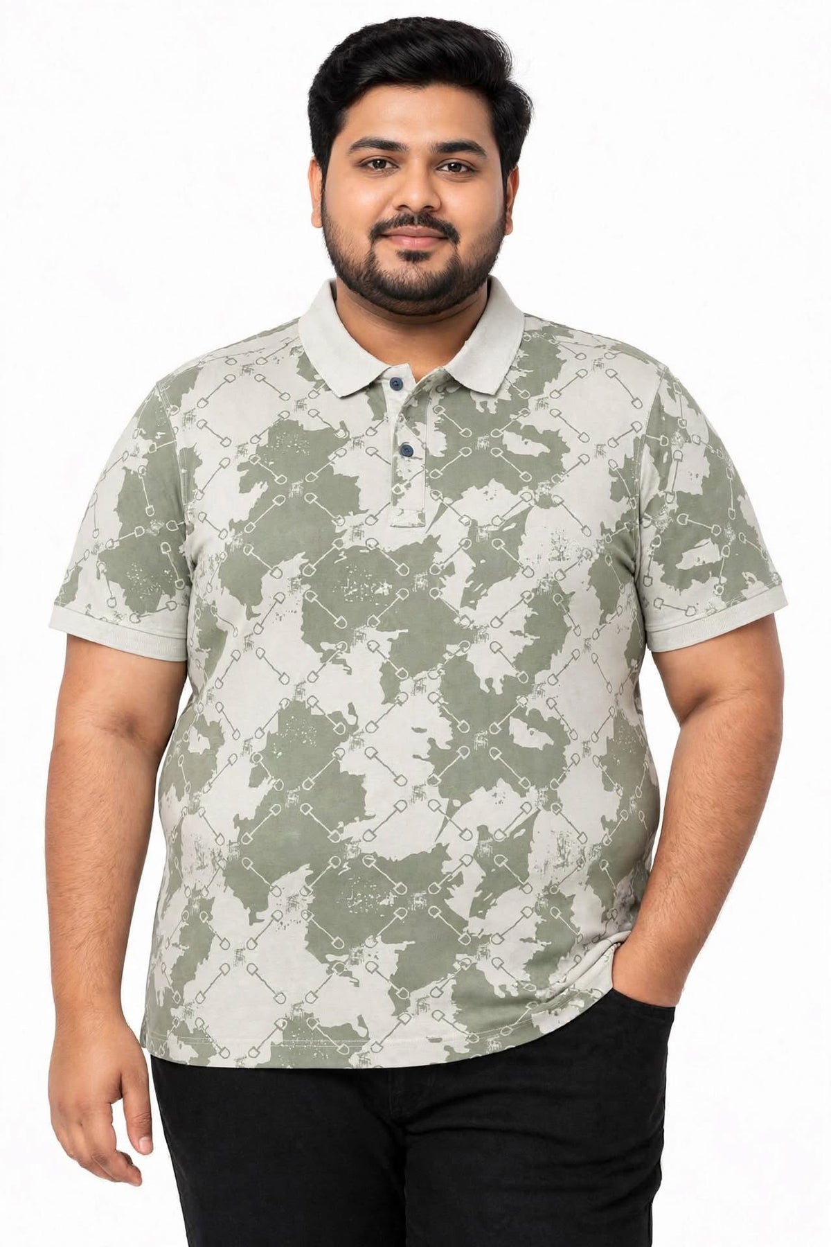 Men’s Light Khaki with Olive Green Print Polo T-Shirt