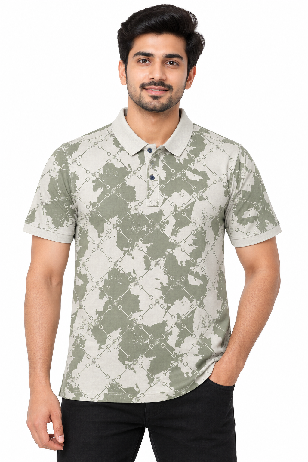 Men’s Light Khaki with Olive Green Print Polo T-Shirt
