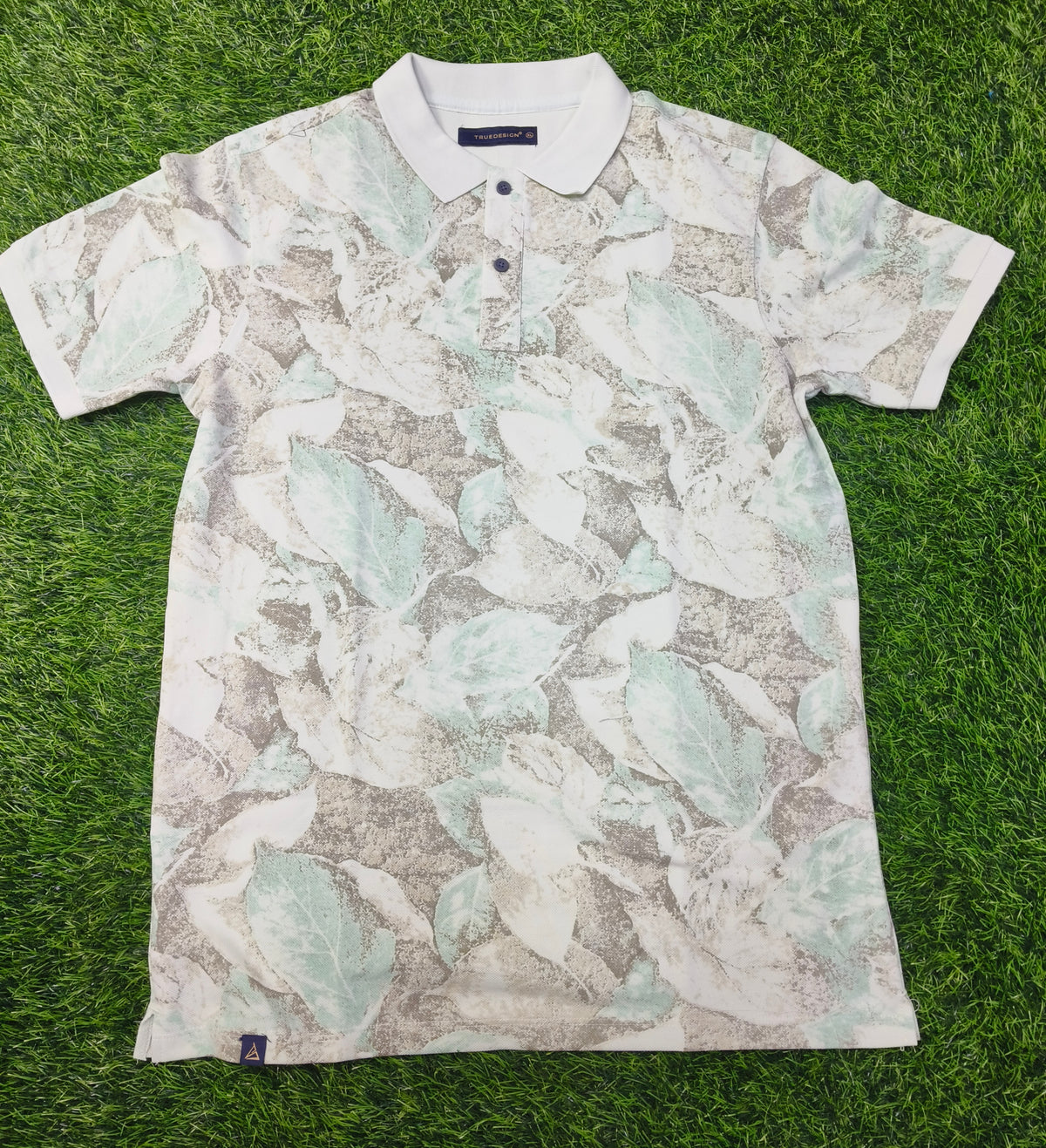 Men’s Off White with Light Mint Green & Grey Leaf Print Polo T-Shirt