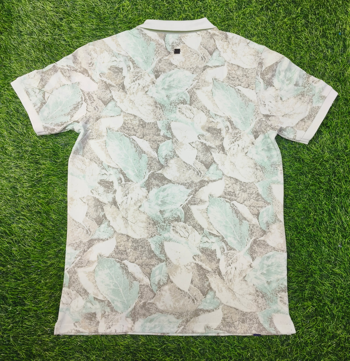 Men’s Off White with Light Mint Green & Grey Leaf Print Polo T-Shirt