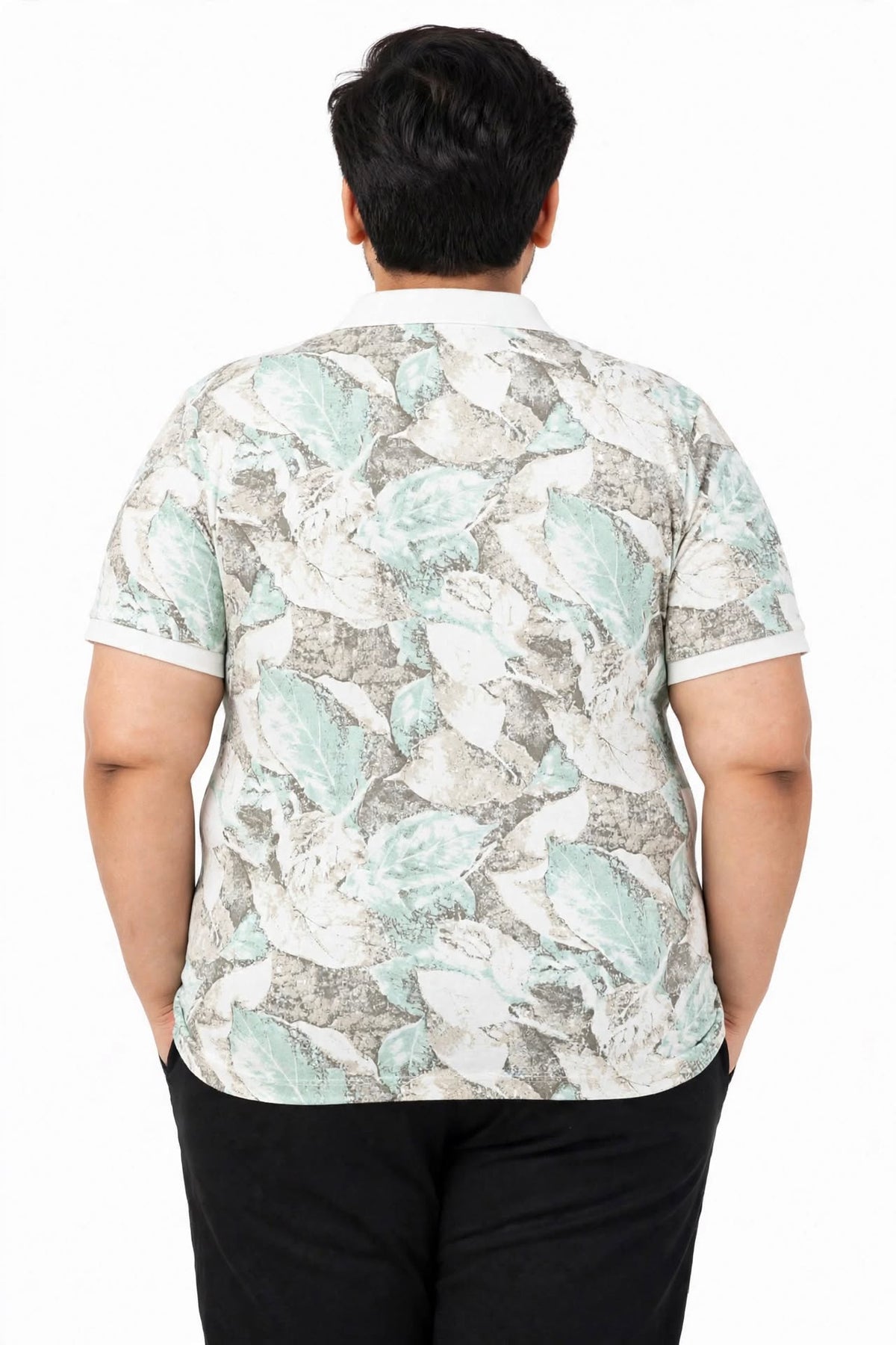 Men’s Off White with Light Mint Green & Grey Leaf Print Polo T-Shirt