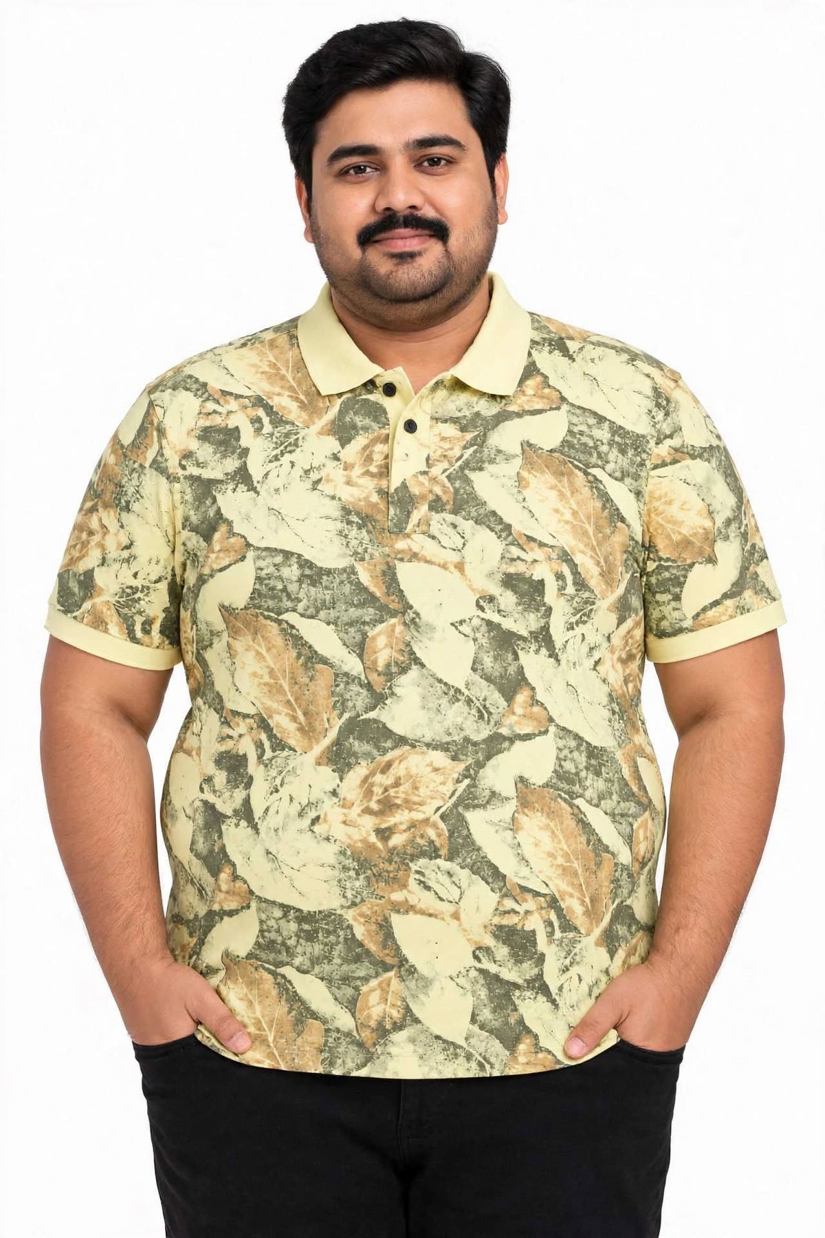 Men’s Light Cream Leaf Printed Polo T-Shirt