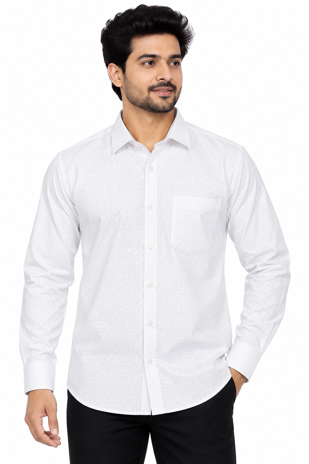 Men’s White Self-Pattern Full Sleeve Shirt