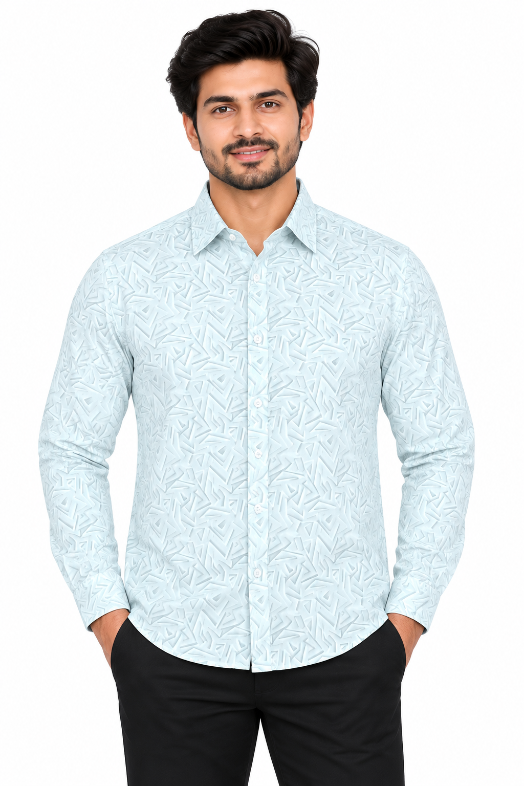 Men’s White & Green Geometric Printed Full Sleeve Shirt