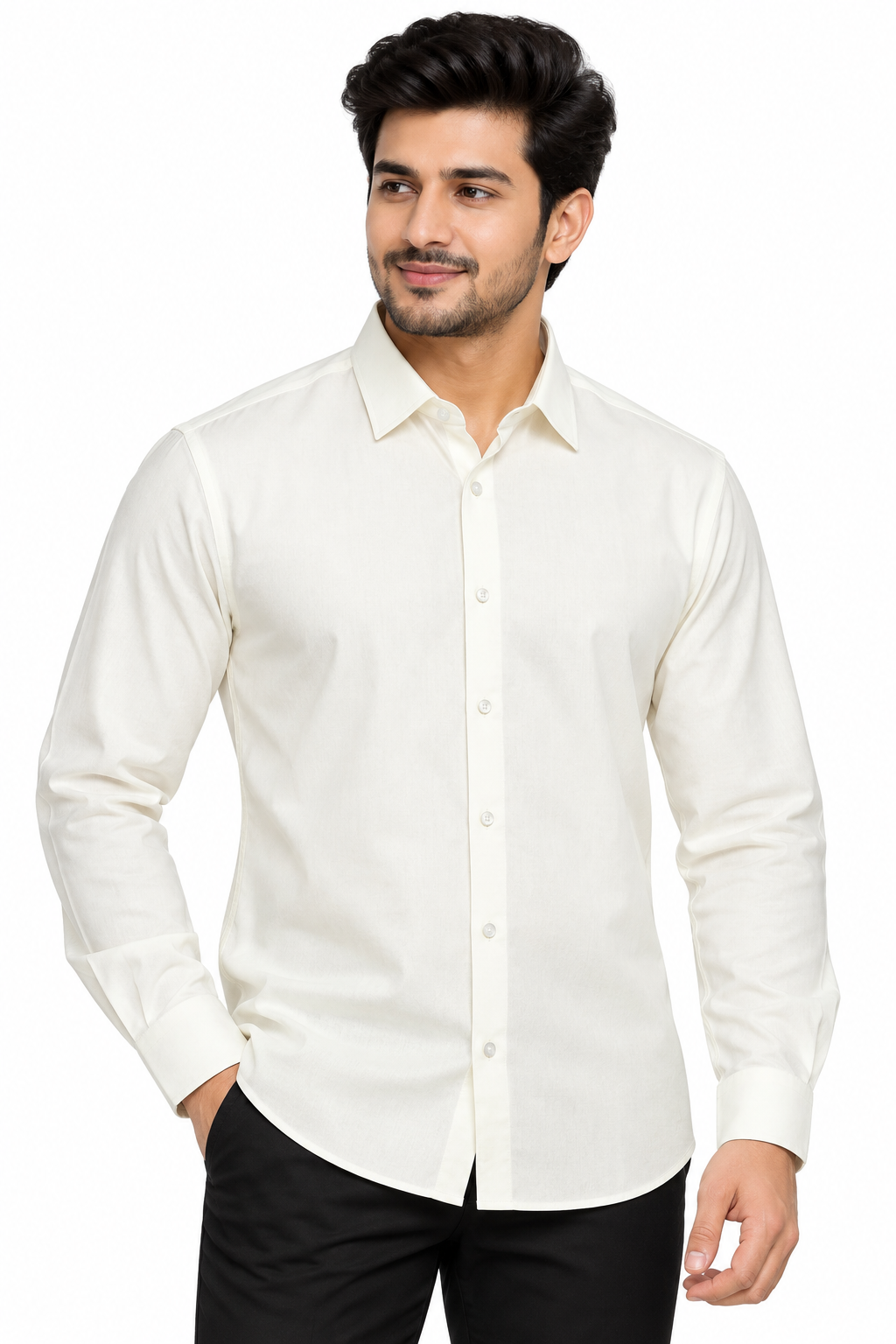Men’s Cream Self Printed Full Sleeve Shirt