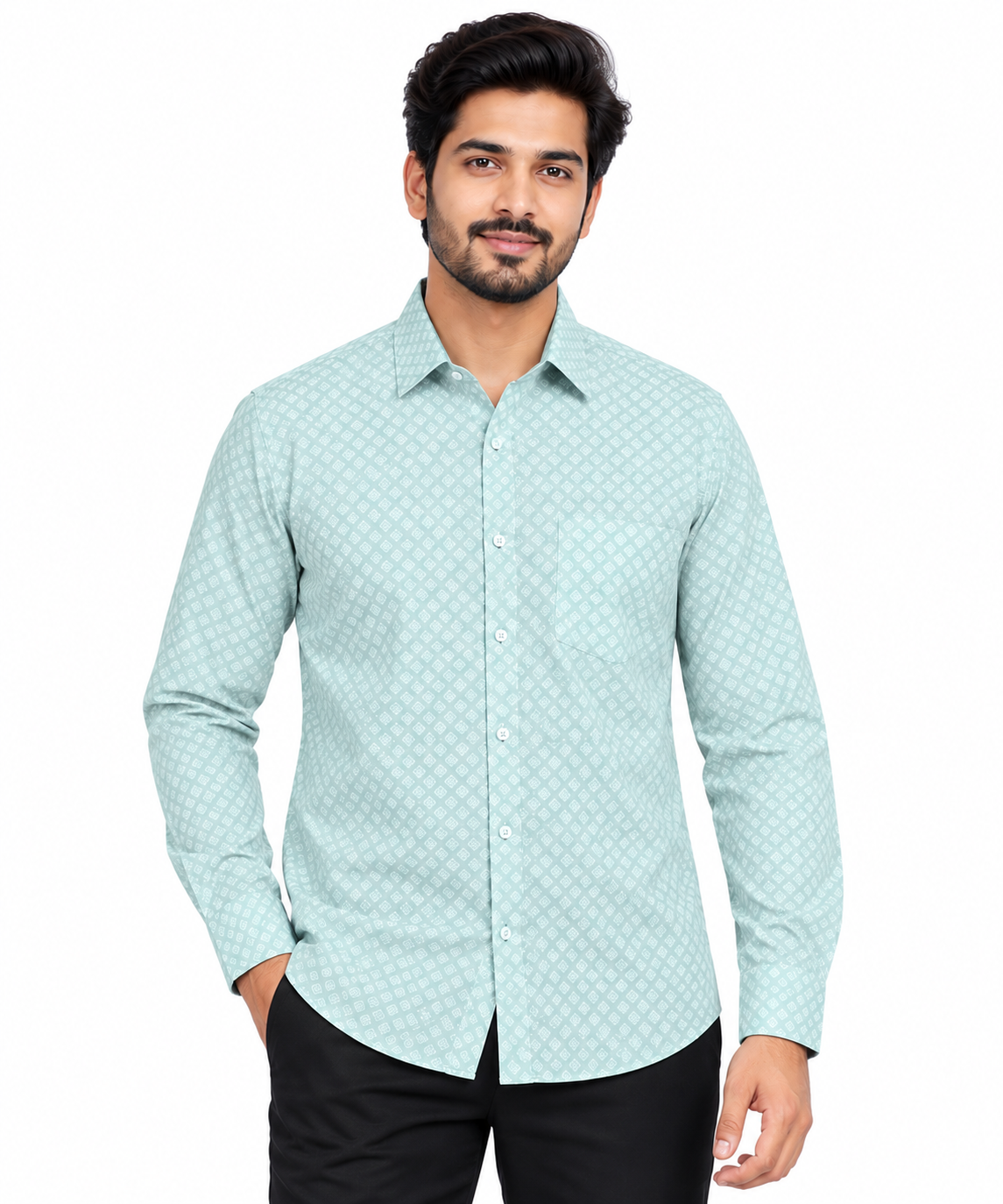 Men’s Light Pista Green Printed Full Sleeve Shirt