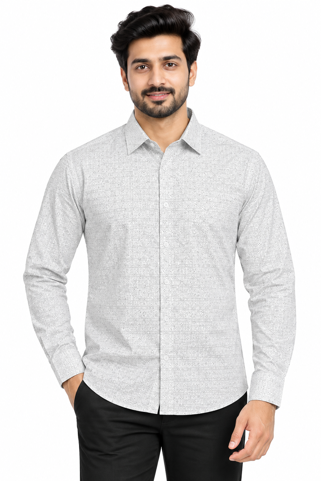 Men’s White & Grey Printed Full Sleeve Shirt