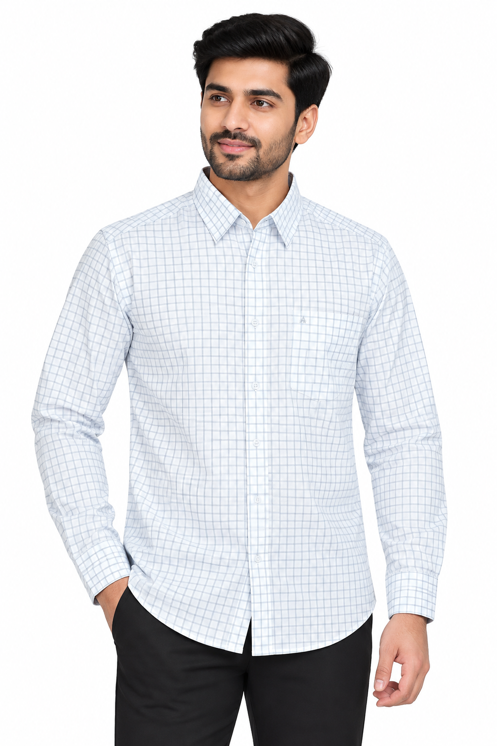 Men’s White & Light Blue Check Full Sleeve Shirt