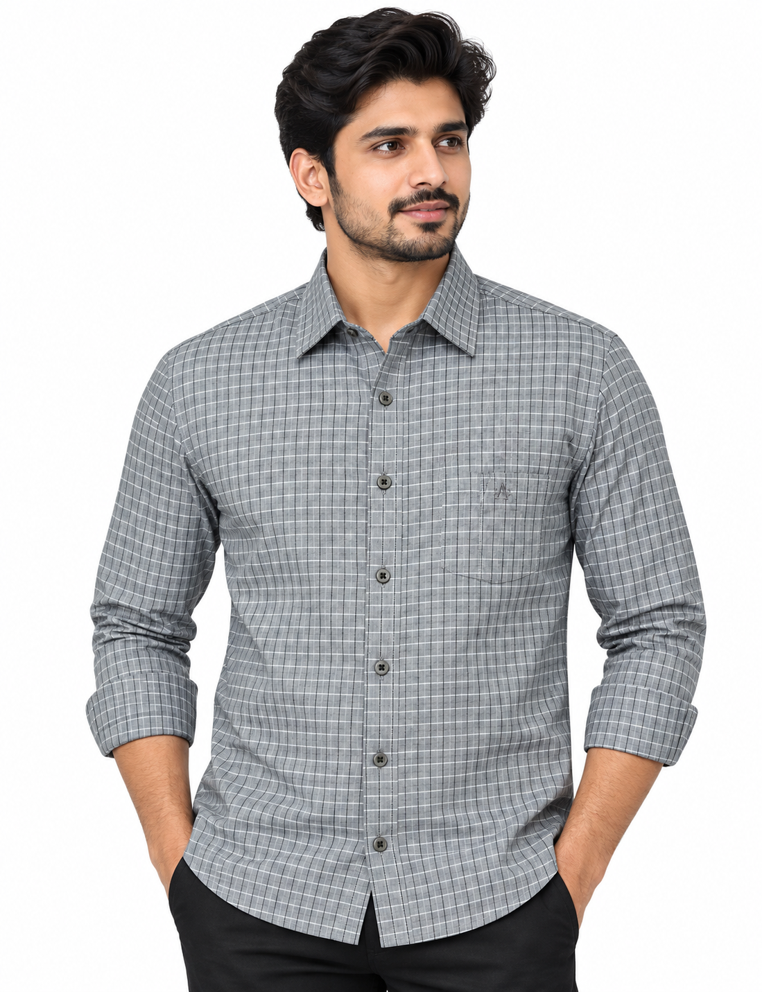 Men’s Grey Checkered Full Sleeve Shirt