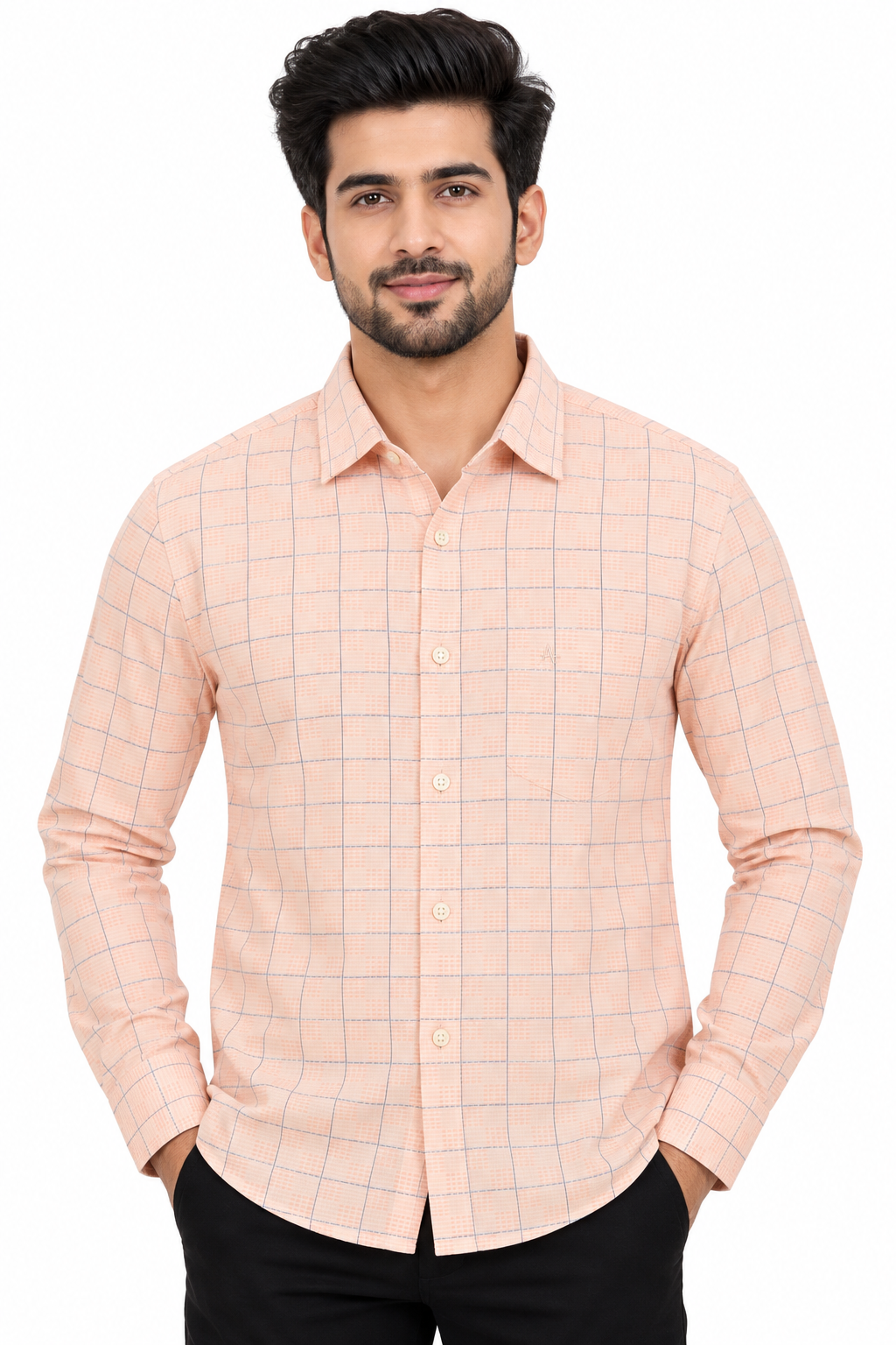 Men’s Light Peach Checkered Full Sleeve Shirt