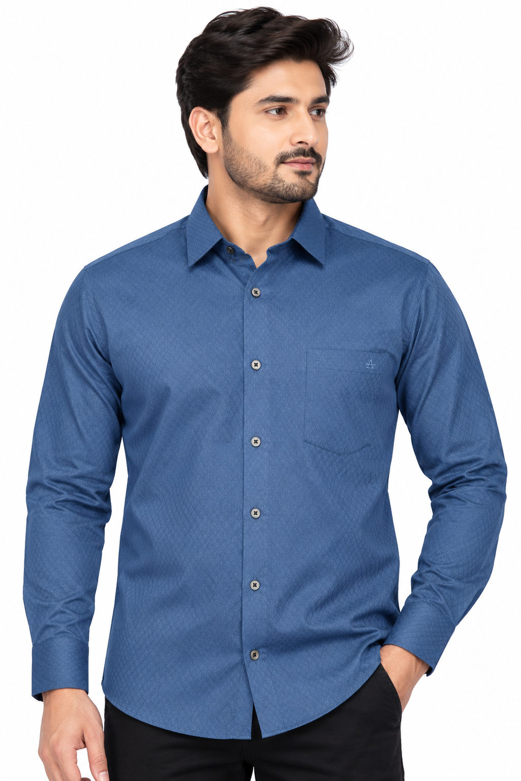 Men’s Navy Blue Self-Pattern Full Sleeve Shirt