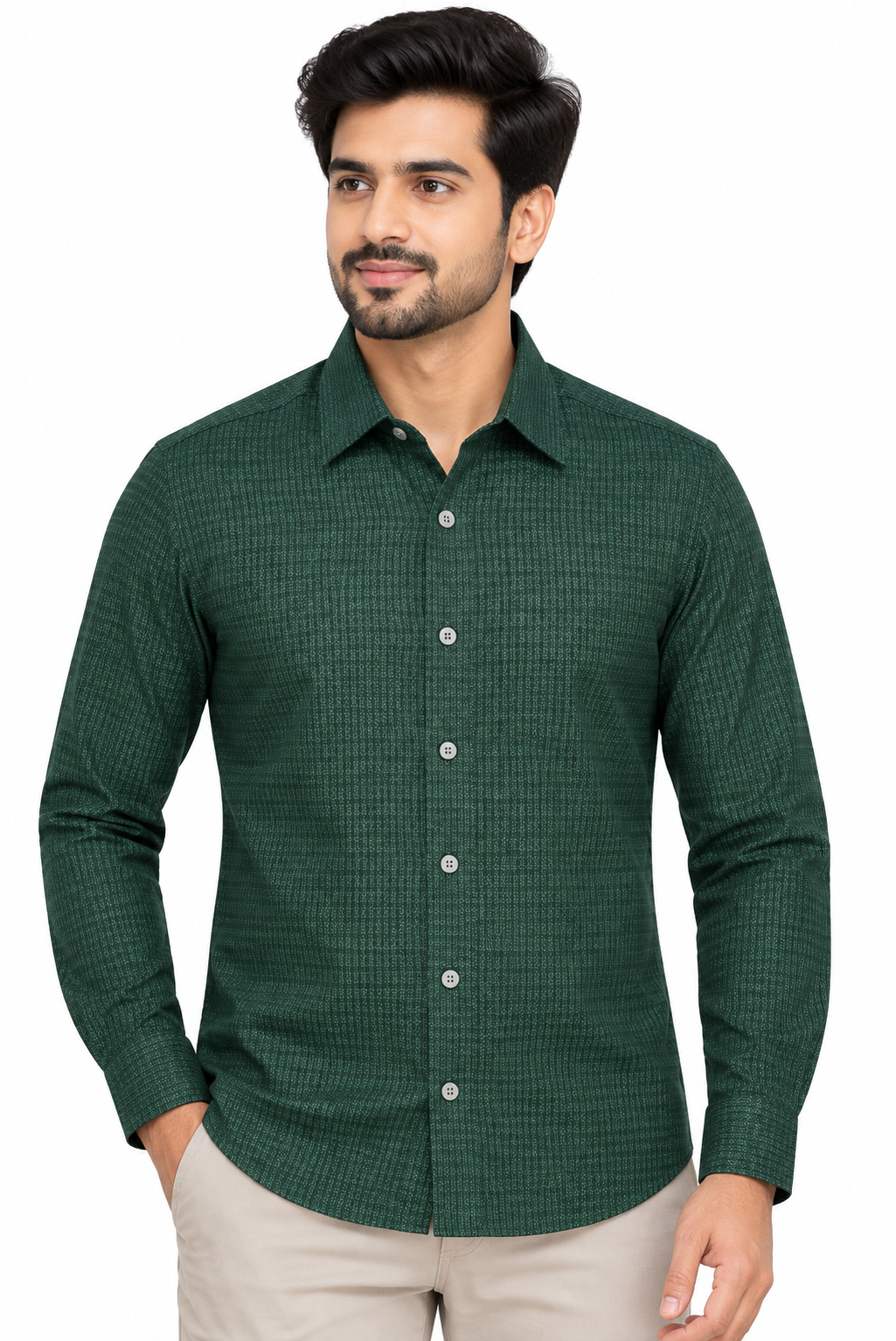 Men’s Dark Green Self Pattern Full Sleeve Shirt
